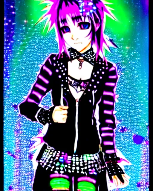 Image similar to a hologram of decora styled yotsuba koiwai wearing a gothic spiked jacket, holography, irridescent, baroque visual kei decora art