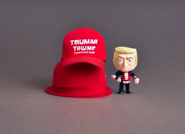 Prompt: !dream product still of Donald Trump wearing a red cap funko pop with box, 85mm f1.8