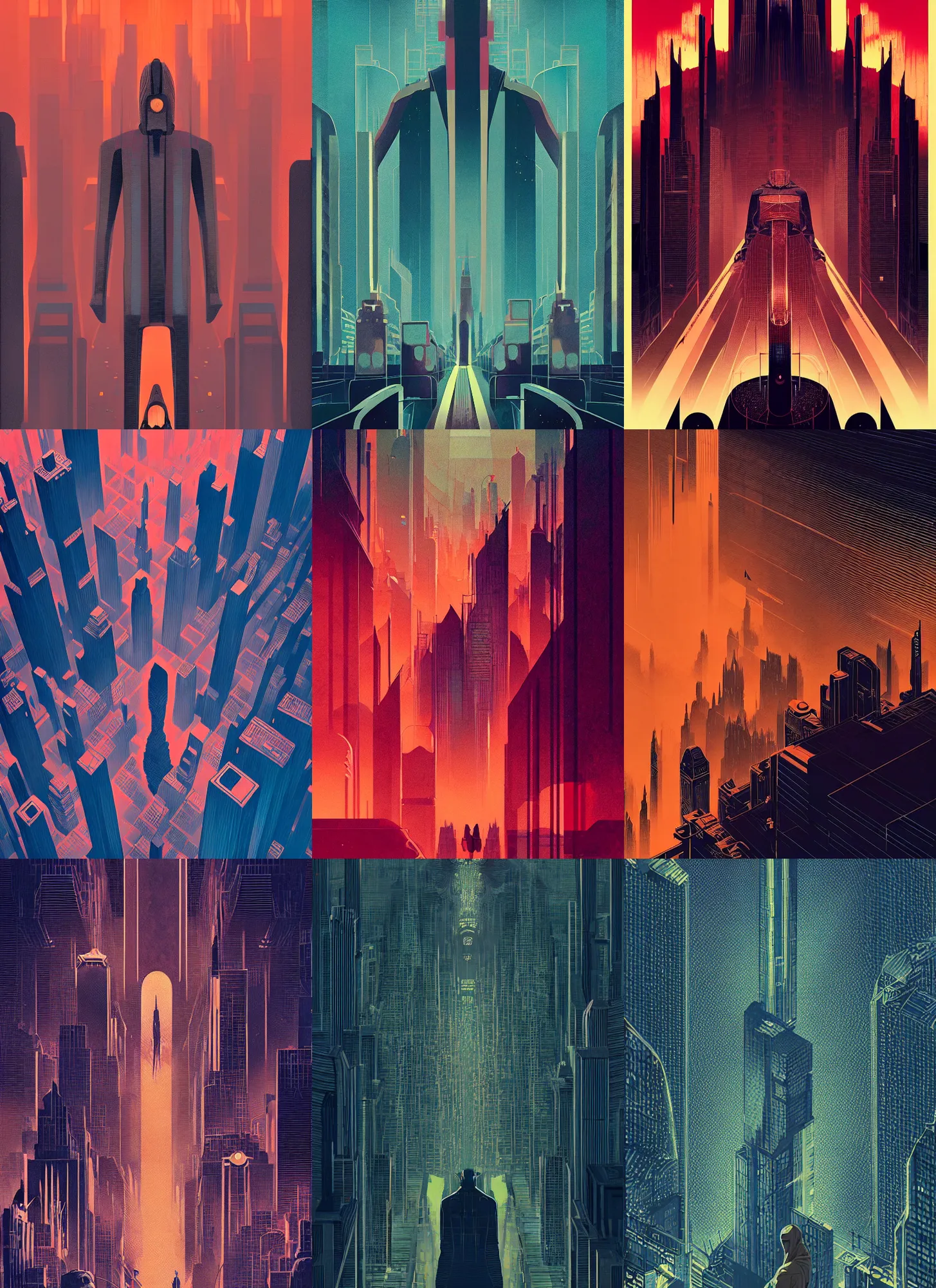 Prompt: ( ( dither ) ), editorial illustration fritz lang's metropolis, dynamic pose, modern art deco, ( ( mads berg ) ), christopher balaskas, victo ngai, rich grainy texture, detailed, dynamic composition, wide angle, moebius, volumetric, kyoani, yoshinari yoh, matte print