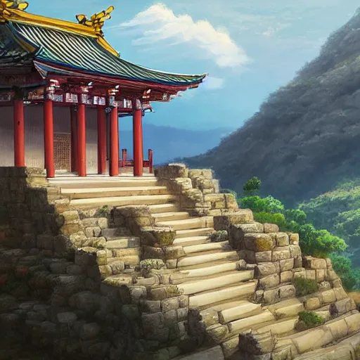 Image similar to concept art painting of a greek and japanese temple on a mountain cliff, overlooking a cozy village in a valley, realistic, detailed, cel shaded, in the style of makoto shinkai and greg rutkowski and james gurney