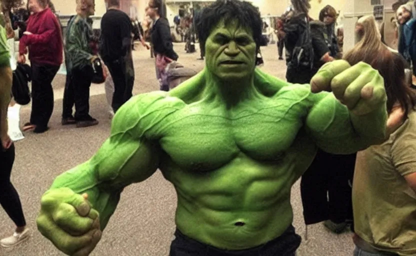 Image similar to a bad quality picture of a dude poorly cosplaying the incredible hulk,