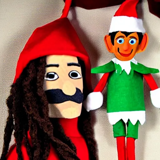 Prompt: snoop dogg as an elf on a shelf puppet