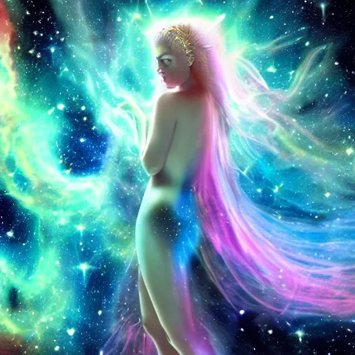 Prompt: a beautiful portrait of a cosmic goddess, nebula background