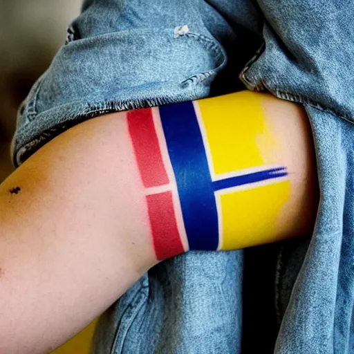 Image similar to a woman with a Swedish flag tattoo on her arm