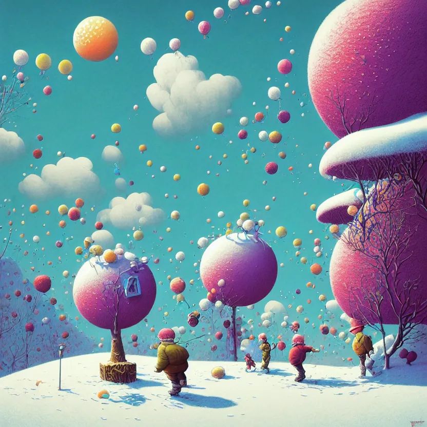 Image similar to snow ball, summer morning, very coherent and colorful high contrast, art by! gediminas pranckevicius! geof darrow, pastel color, volumetric lighting, cinematic, floralpunk screen printing woodblock, dark shadows, hard lighting, stippling art