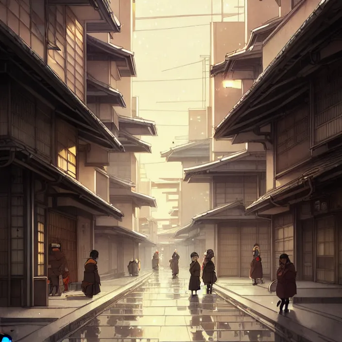 Image similar to empty japanese big city, winter, in the style of studio ghibli, j. c. leyendecker, greg rutkowski, artem