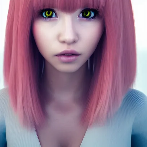 Image similar to A portrait of Nikki from Shining Nikki, a 3d cgi toon young woman with long pink hair, full bangs, amber eyes, pale smooth skin, Chinese, medium shot, mid-shot, soft focus, 4k, trending on artstation