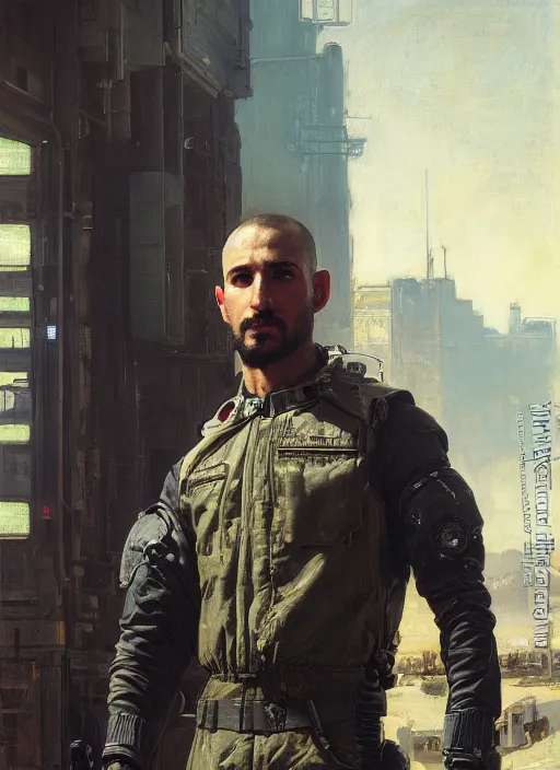 Image similar to arthur cyberpunk USN marine wearing a military vest and military jumpsuit (cyberpunk 2077, bladerunner 2049). Iranian orientalist portrait by john william waterhouse and Edwin Longsden Long and Theodore Ralli and Nasreddine Dinet, oil on canvas. Cinematic, hyper realism, realistic proportions, dramatic lighting, high detail 4k