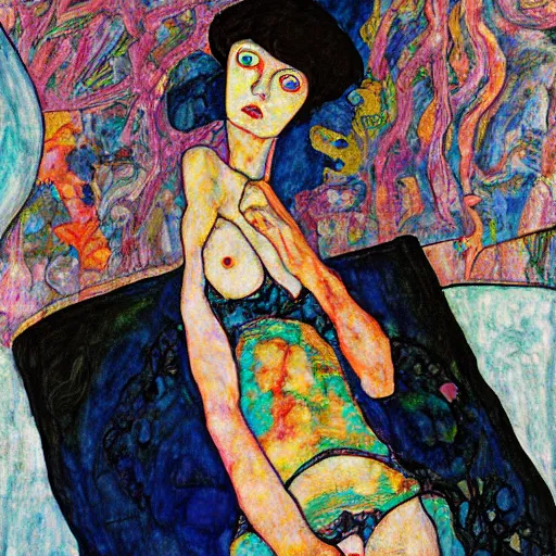 Prompt: egon schiele + holly warbs art short black asymetrical shaggy bob haircut and round thin elegant blue frame glasses teen girl, black lace dress, in a colorful and bright trippy victor moscoso room colorful.