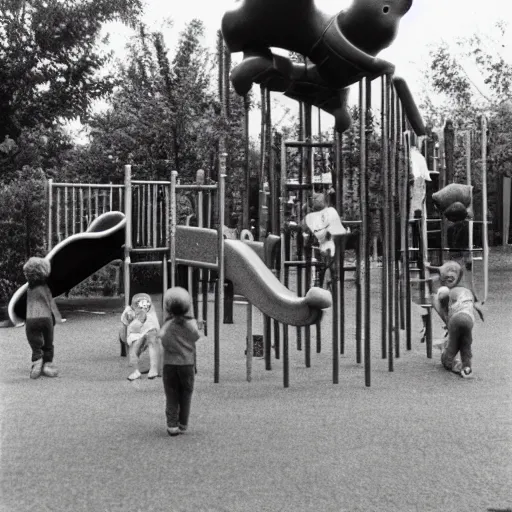 Image similar to 1 9 7 0 s black and white horror picture of a playground with children playing, but with a creepy figure in the background