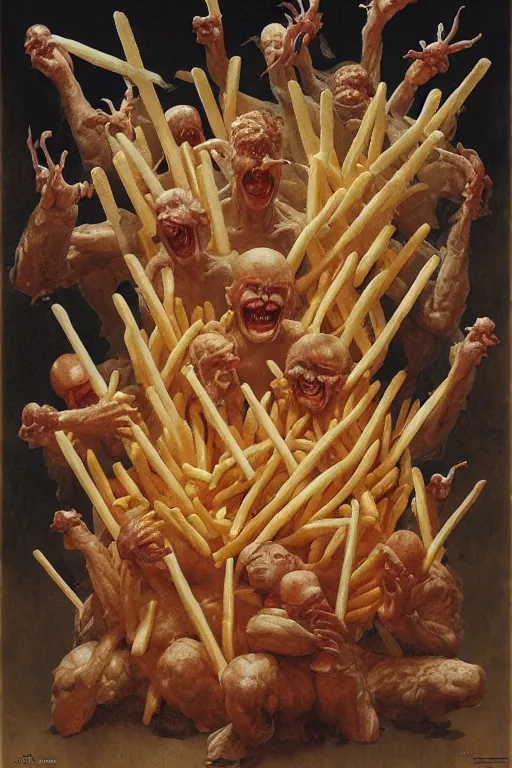 Image similar to a box of mcdonalds fries in the style of wayne barlowe, gustav moreau, goward, bussiere, roberto ferri, santiago caruso, luis ricardo falero, austin osman spare