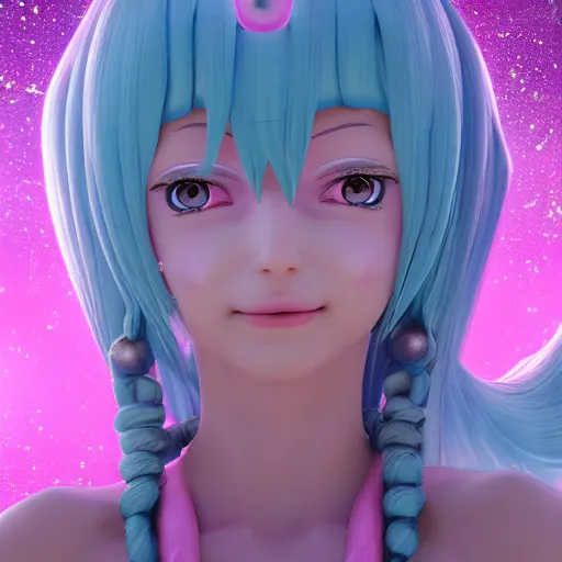 Prompt: stunningly beautiful omnipotent megalomaniacal anime goddess with porcelain skin, pink twintail hair and mesmerizing cyan eyes, symmetrical perfect face smiling in a mischievous, devious and haughty way while looking down upon the viewer, mid view, hyperdetailed, 2 d, unreal engine 5, 8 k