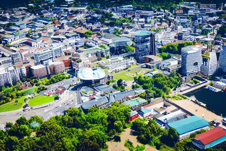 Image similar to bird's eye view photography of a small city. town hall, central farm, monorail station, beach and shipping dock. hills, woods and lake to the north.