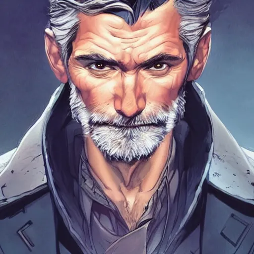 Prompt: portrait of a grizzled treasure hunter man in his 5 0 s with dark hair and sharp cheekbones, dressed in expensive clothes, detailed face, smooth, sharp focus, graphic novel, art by artgerm and greg rutkowski and pepe larraz,