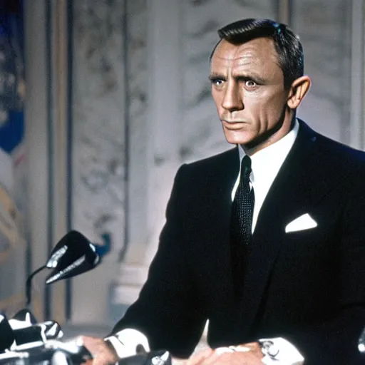 Image similar to television broadcast of President James Bond giving a press conference