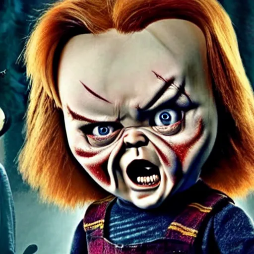 Image similar to screaming chucky doll and emma watson in new harry potter movie, poster