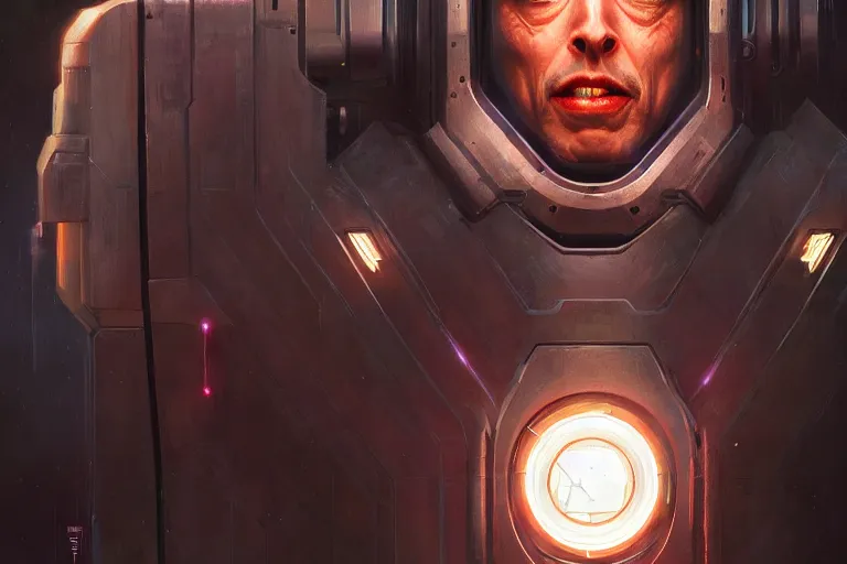 Image similar to tesla power armor realistic cyborg steve buscemi electric field glowing, cyberpunk, portrait art by donato giancola and greg rutkowski, realistic face, glowing in tesla electricity visible magnetic field, digital art, trending on artstation, symmetry