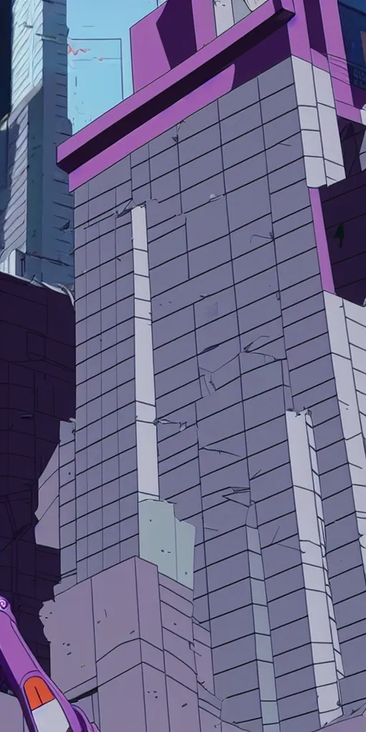 Image similar to evangelion unit 0 1, zoom shot, telephoto lens, low aperture street level, buildings collapsed