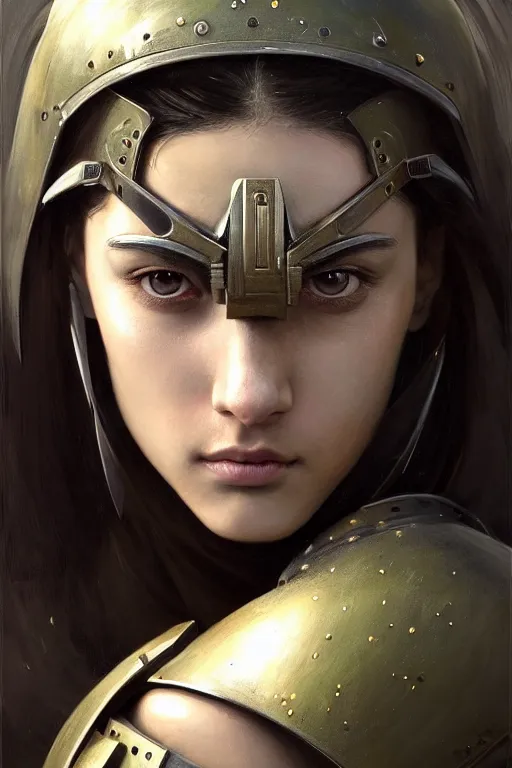 Image similar to a photorealistic painting of an attractive young girl, partially clothed in battle armor, olive skin, long dark hair, beautiful bone structure, symmetrical face, perfect eyes, intricate, elegant, digital painting, concept art, illustration, sharp focus, minimal artifacts, from Metal Gear, in the style of Ruan Jia and Mandy Jurgens, by Greg Rutkowski, trending on Artstation, award winning