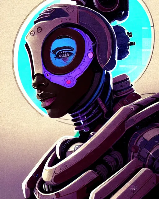 Prompt: sojourn from overwatch, african canadian, gray dread locks, teal silver red, teal cyber eyes, character portrait, portrait, close up, concept art, intricate details, highly detailed, vintage sci - fi poster, retro future, vintage sci - fi art, in the style of chris foss, rodger dean, moebius, michael whelan, and gustave dore