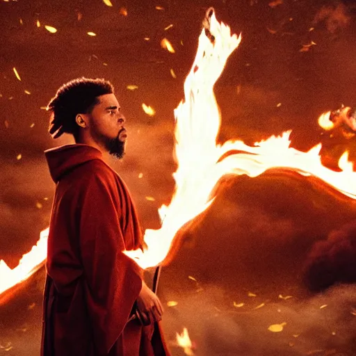 Image similar to cinematic film still of J Cole starring as a Samurai holding fire, Japanese CGI, VFX, 2022, 40mm lens, shallow depth of field,film photography