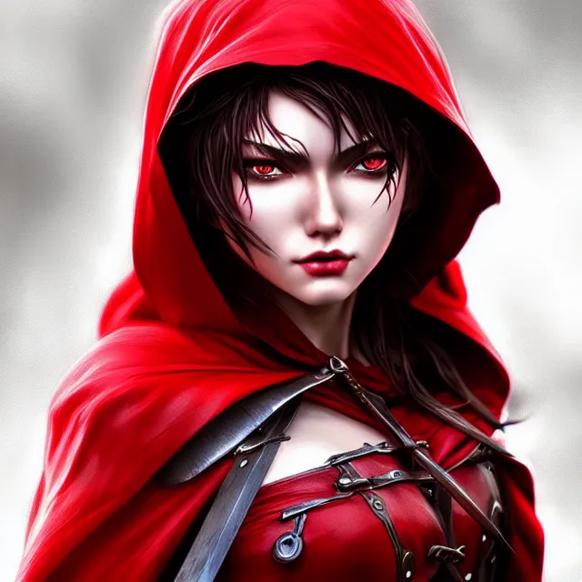 Image similar to beautiful!! red riding hood warrior artgerm highly detailed 8 k hdr smooth sharp focus high resolution award - winning photo photorealistic