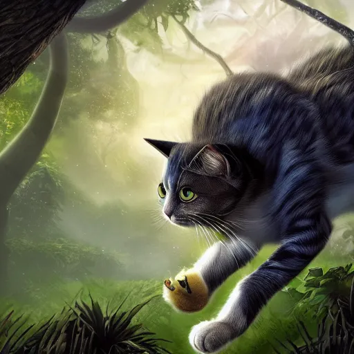 Prompt: fantasy book cover artwork of a cat running through the jungle, ultradetailed, wallpaper, 4k, prismatic