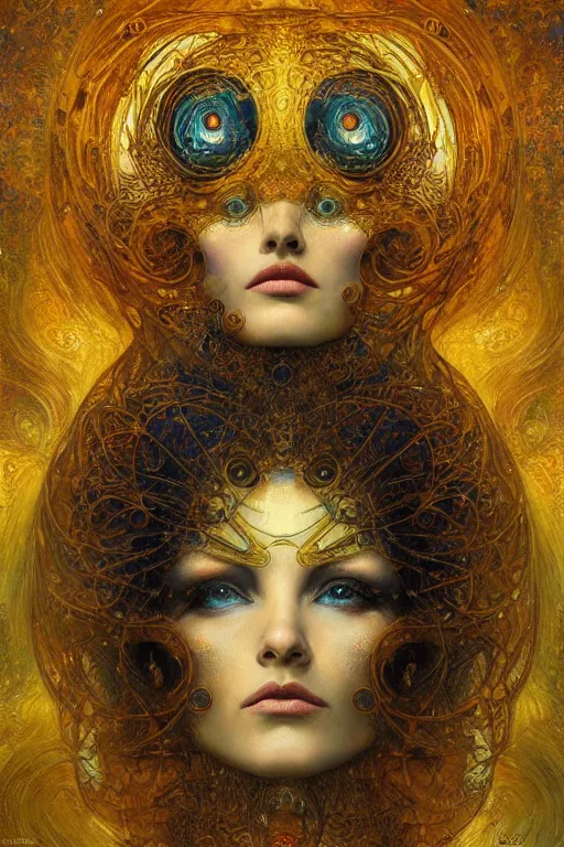 Image similar to Divine Chaos Engine by Karol Bak, Jean Deville, Gustav Klimt, and Vincent Van Gogh, beautiful visionary mystical portrait, sacred, otherworldly, fractal structures, ornate gilded medieval icon, third eye, spirals