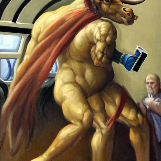 Prompt: a beautiful oil painting painting of the minotaur riding on the subway, staring at his cell phone