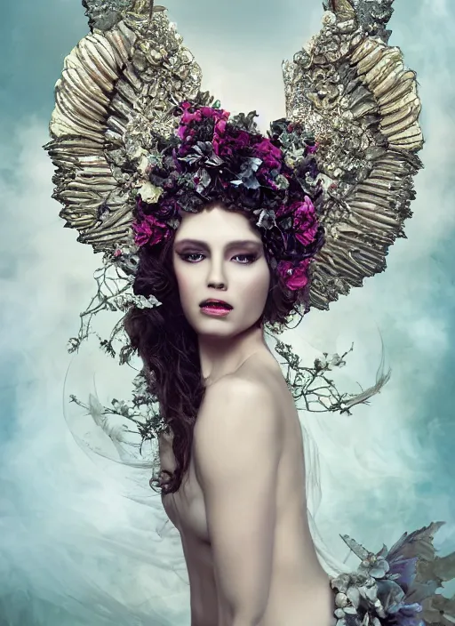 Image similar to expressive full body photo of a female model as beautiful angel, ornate headpiece made from flowers, ivory, ornaments, glamour shot, by karol bak, by stefan gesell, octane render, unreal engine, photorealistic, canon r 3, fashion photography, studio shot, environmental portrait, dark fantasy, dark beauty, magazine