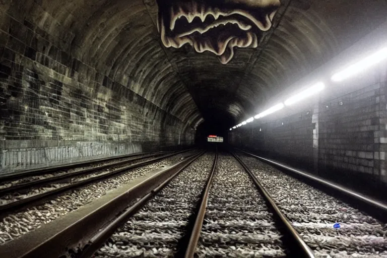 Image similar to very large giant mutant zombie irradiated ( angry rat ) staying on railways in tonnel of moscow subway. extreme high detail, very realistic. extreme long shot, low dark light, scary mood, anish kapoor, herman nitsch.