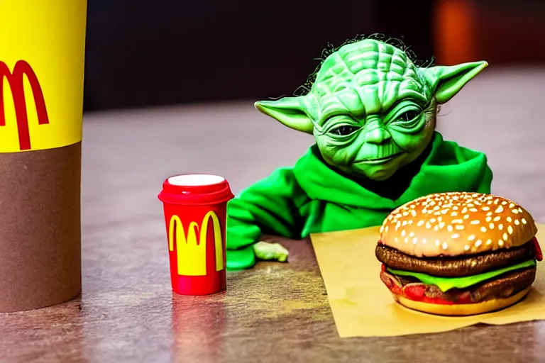 Prompt: yoda, upset, yoda sitting behind a table inside mcdonald's, small red cardboard box on table, yellow m logo on box, unappealing hamburger on tray, 3 5 mm, f / 2. 8