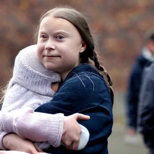 Image similar to greta thunberg cuddling a coal fired power station