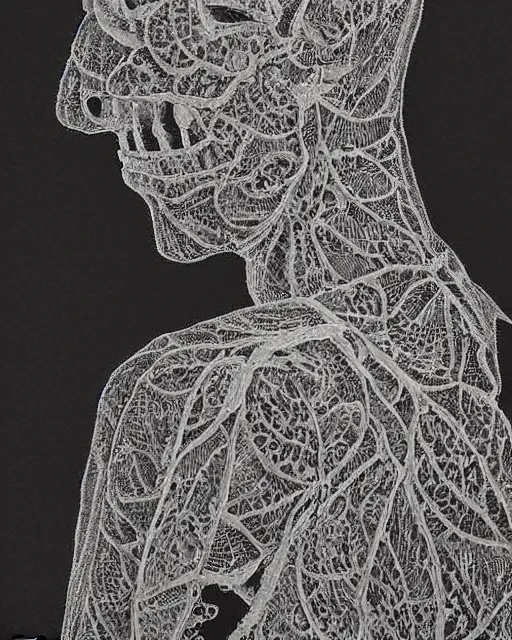 Image similar to a woman's face in profile, wearing a collared shirt, made of intricate decorative lace leaf skeleton, in the style of the dutch masters and gregory crewdson, dark and moody