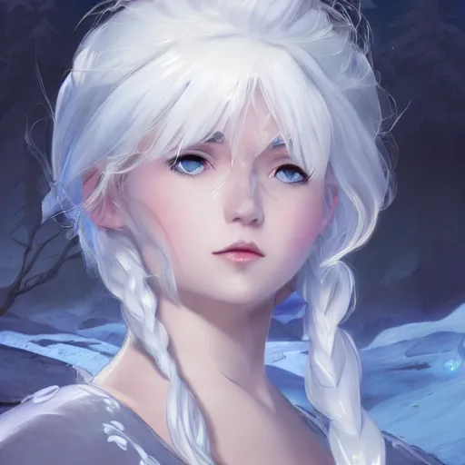 Image similar to white-haired anime girl frozen in an ice floe, fashion is running D&D, fantasy, intricate, elegant, highly detailed, digital painting, artstation, concept art, matte, sharp focus, illustration, art by Artgerm and Greg Rutkowski and Alphonse Mucha, UHD