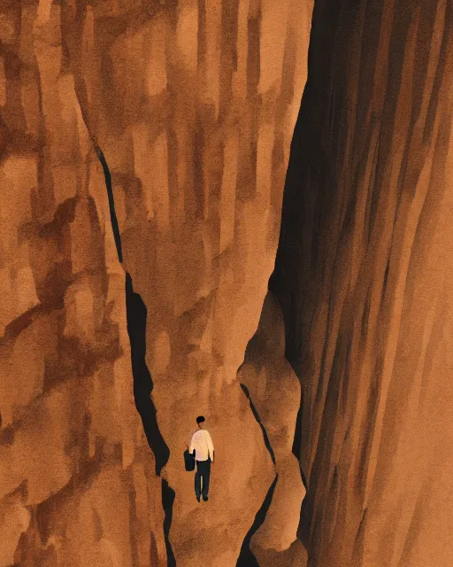 Prompt: a small person standing in the middle of a canyon, illustration