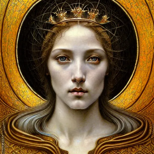 Image similar to detailed realistic beautiful young medieval queen face portrait by jean delville, gustave dore and marco mazzoni, art nouveau, symbolist, visionary, gothic, pre - raphaelite. horizontal symmetry