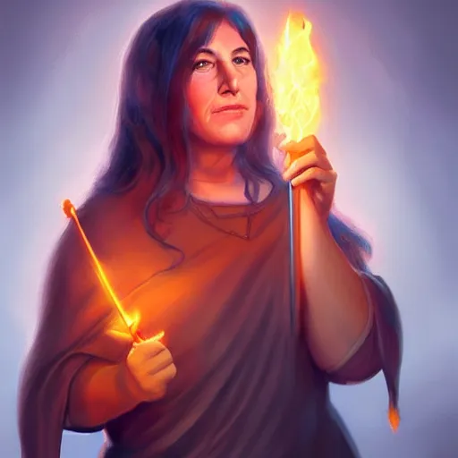 Prompt: Mama Cass wearing a wizards tunic holding a glowing fire magical staff. Trending on Artstation, octane render, ultra detailed, art by Ross tran