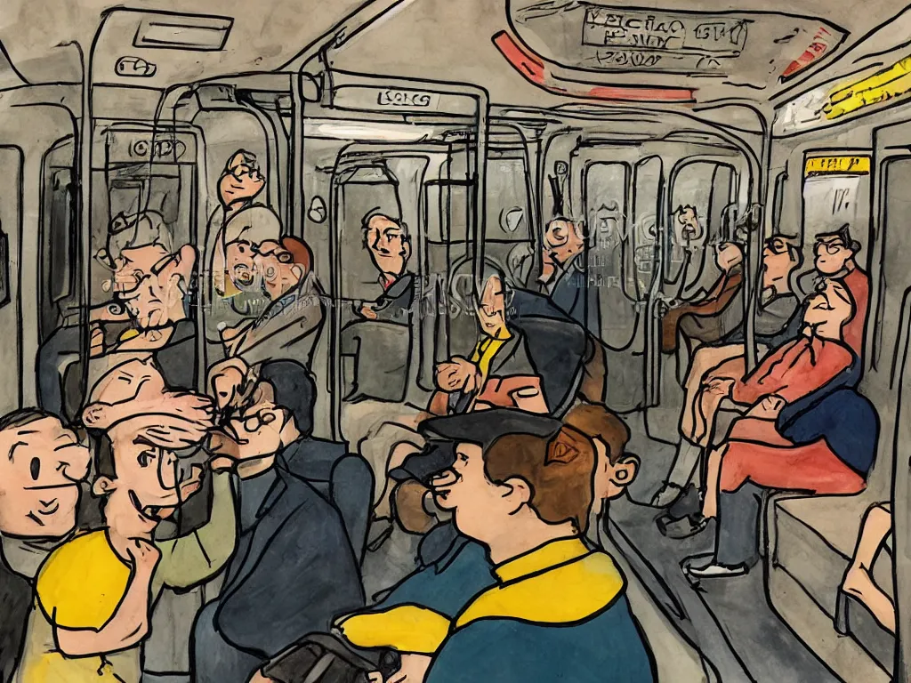 Image similar to (a flat shaded cartoon man in the style of Berkeley breathed), (sitting in a photo real Chicago subway car)