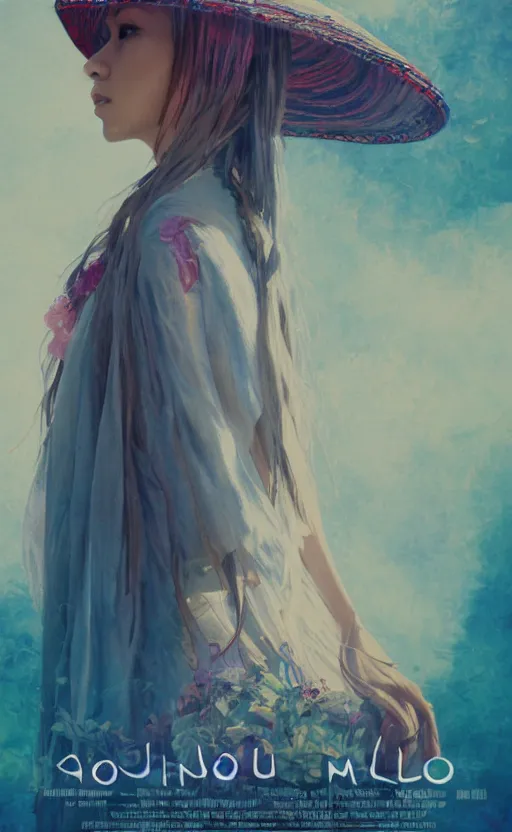 Image similar to bestselling movie poster, official media,a cinematic beautiful closeup moment of saying goodbye wearing boho poncho and sunhat with peonies, simple form, brutal shapes, shaman, pixiv, 1970s fashion, official anime media, cinematic lighting, artstation consept artwork by doja cat, charlie bowater, waterhouse, ,greg rutkowski, wong kar wai