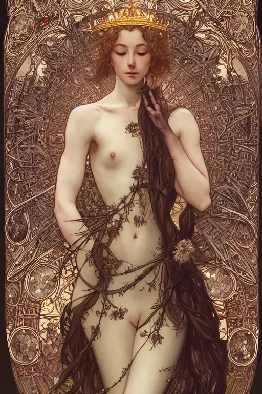 Image similar to a full body portrait of a beautiful ethereal delicate botanical mage queen meditative sacral pose catholic stages of the cross, intricate, elegant, highly detailed, digital painting, artstation, concept art, smooth, sharp focus, illustration, art by krenz cushart and artem demura and alphonse mucha