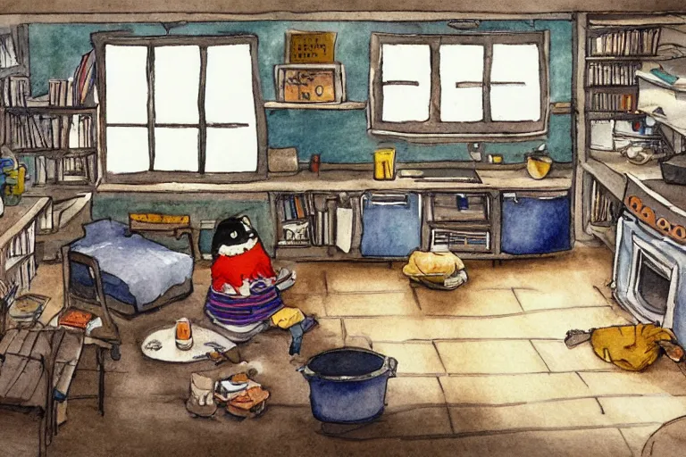 Image similar to pixar concept art by Daisuke Tsutsumi, watercolor, cute fluffy badgers washing dishes, underground in a hovel, fish eye lens,kitchen table, comfy chairs, cosy fireplace, clutter everywhere, stack of books on side table, rug on floor by fireplace, family framed on the wall, cosy