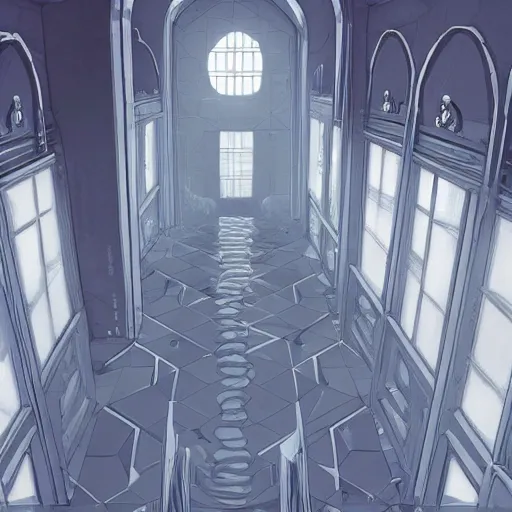 Image similar to a flood of slime in a bright white hallway with many doors and many stairs, Mc Escher architecture, epic composition, by Makoto Shinkai