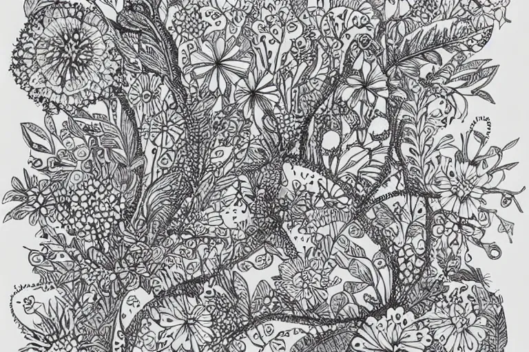 Image similar to floral and plants doodle art, intricate pen and ink drawing