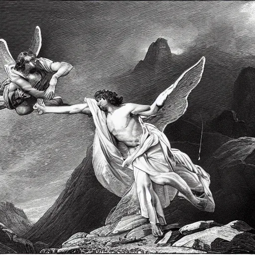 Image similar to A biblical painting of Jacob suplexing an angel at the top of a mountain by Gustave Doré, black and white palette, Scenic, Dramatic, beautiful shore in background, detailed