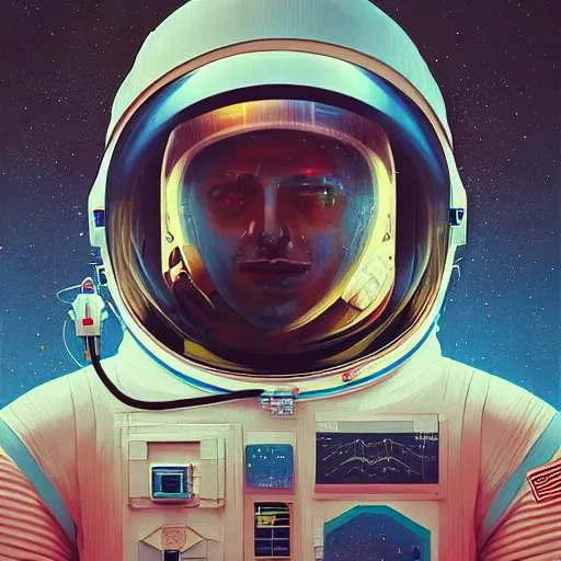 Image similar to portrait of an astronaut in chromatic suit by Petros Afshar and Beeple, highly detailed