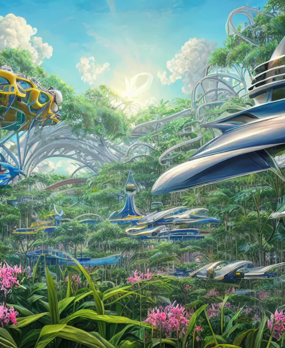 Prompt: simplicity, elegance, an amusement park made out of predatory organic creatures, in the style of a streamlined asymmetrical spaceship, overgrown with orchids, partly cloudy, sun - drenched, by dan mumford, yusuke murata, makoto shinkai, ross tran, cinematic, unreal engine, cel shaded, featured on artstation, pixiv