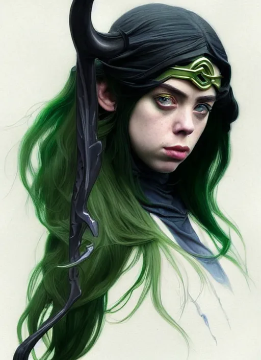 Image similar to Billie Eilish as Female Loki, very detailed, digital art, trending on artstation, concept art, smooth, illustration, art by artgerm and greg rutkowski and alphonse mucha and Edmund Blair Leighton and Katsuhiro Otomo and Geof Darrow and Phil hale and Ashley wood