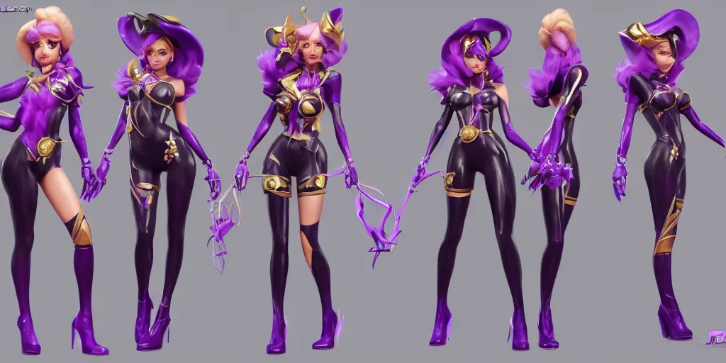 Image similar to character sheet of beautiful KDA More LeBlanc (wild rift). 3d render, octane render, realistic, highly detailed, trending on artstation, 4k, trending on artstation, pixar, cgsociety, unreal engine 5, redshift render, trending on artstation, blender, behance, cg