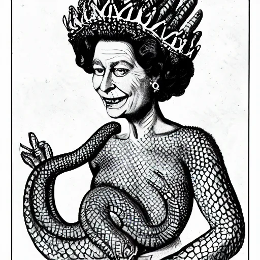 Image similar to queen elizabeth as a reptile, snake woman, snake person